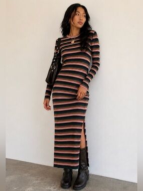 Free People Ribbed Striped Maxi Dress Indie Boho Chic Festival Dress ~ Small